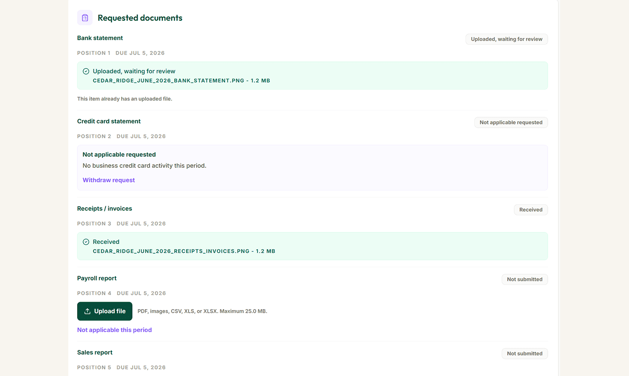 Client request page showing uploaded, received, not-applicable, and not-submitted document statuses