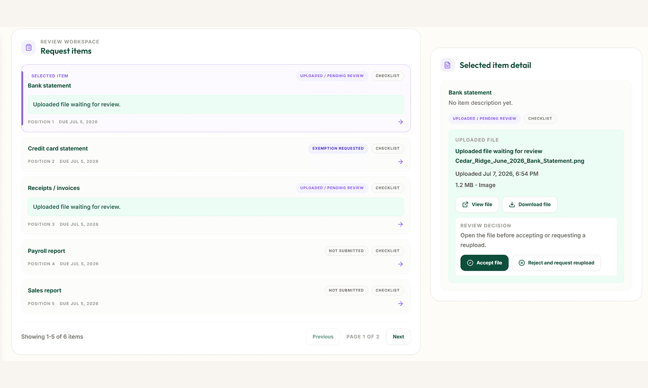 CollectCue review workspace showing request items and an item-level file review decision