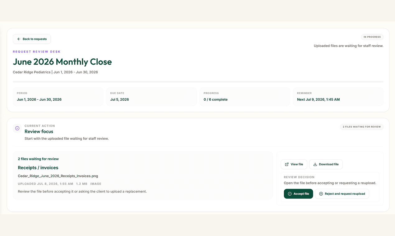 Monthly close request review showing files waiting for staff review and accept or reupload actions