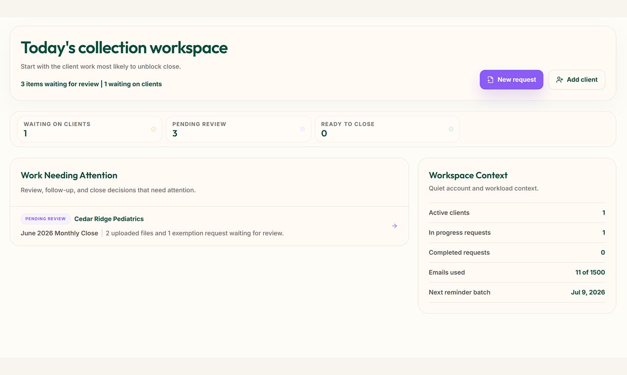 CollectCue team workspace showing waiting, pending review, and ready requests