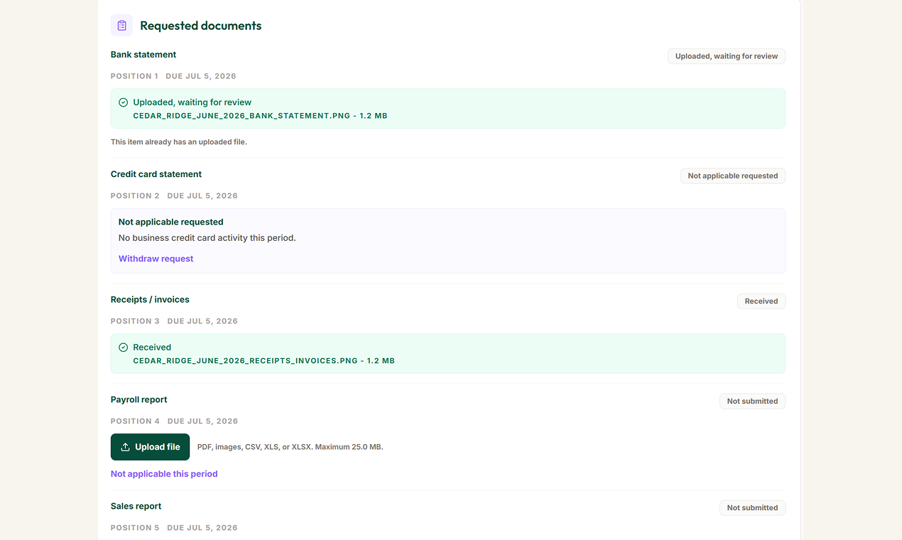 CollectCue client upload page showing requested documents and upload status