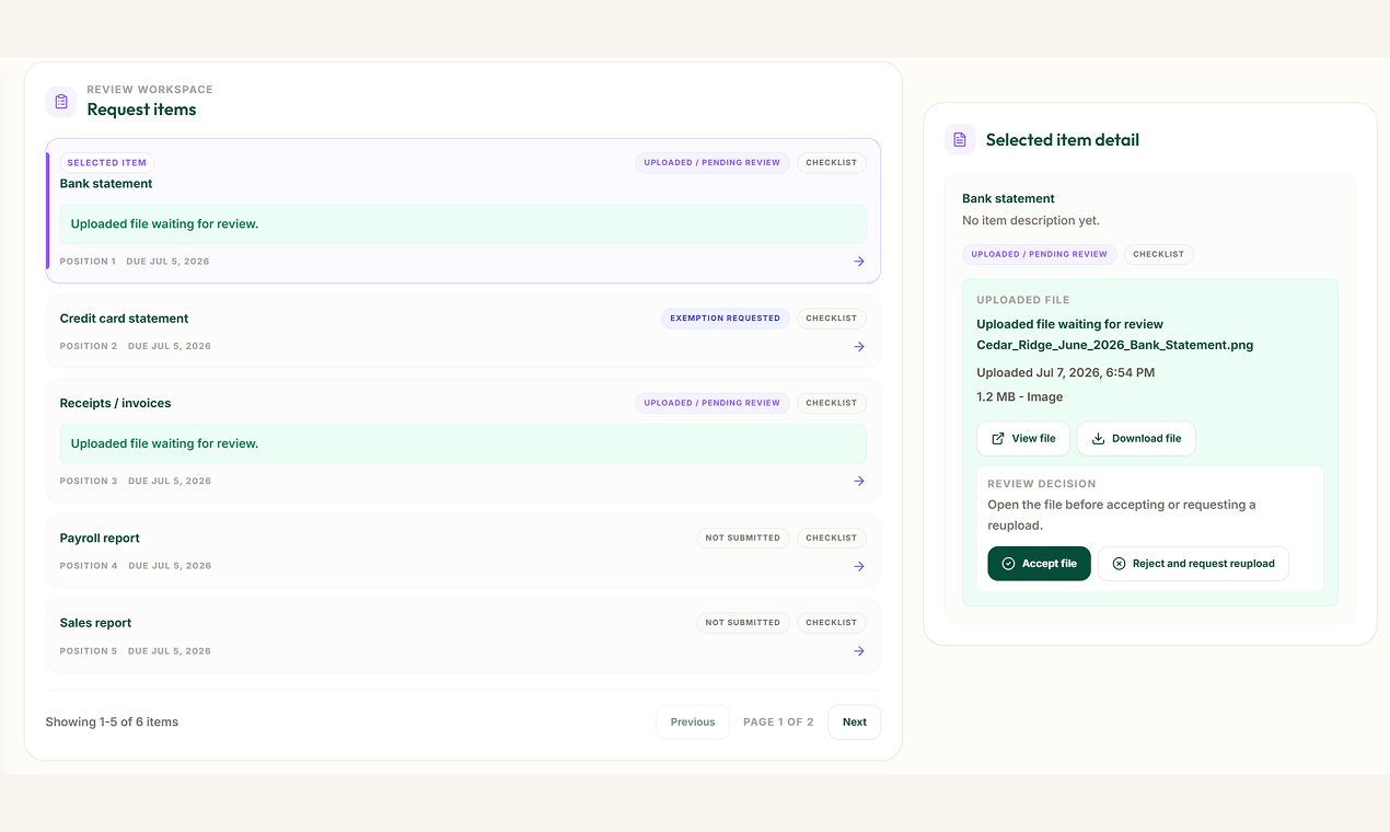 CollectCue request workspace showing document item statuses and review actions
